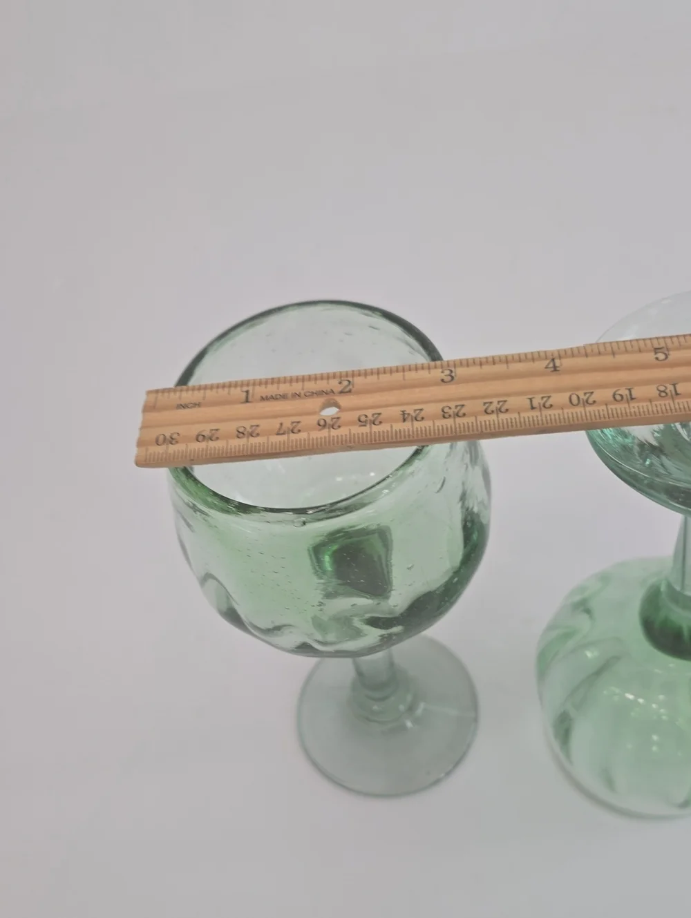 Vintage Set Of 2 Handblown Mexican Green Wine Glasses Recycled Art Glass Bubbles